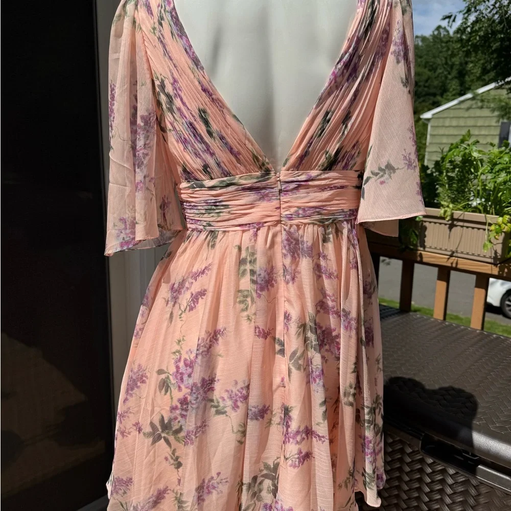 Ieena for Mac Duggal Pink Floral Flutter Sleeve Deep V Neck Mini Dress Size 6 - Picture 7 of 16